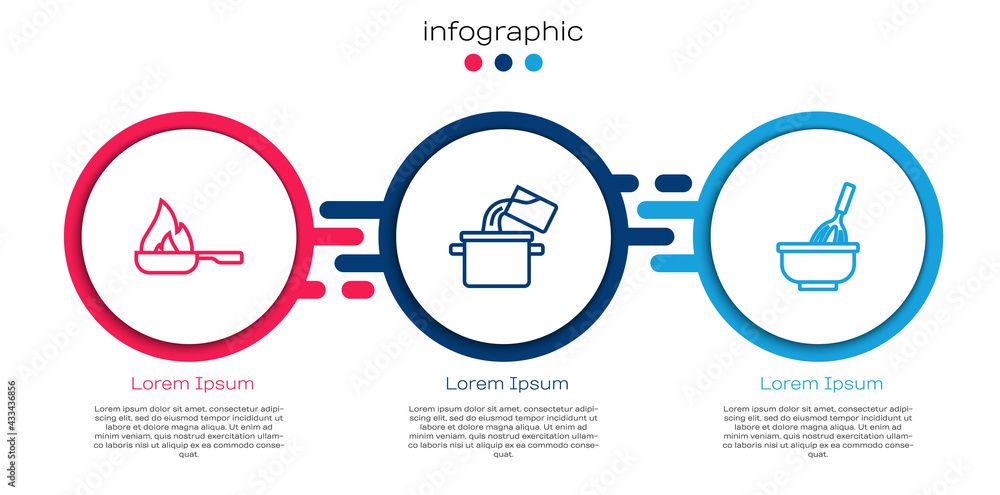 Set line Frying pan, Cooking pot and Kitchen whisk with bowl. Business infographic template. Vector