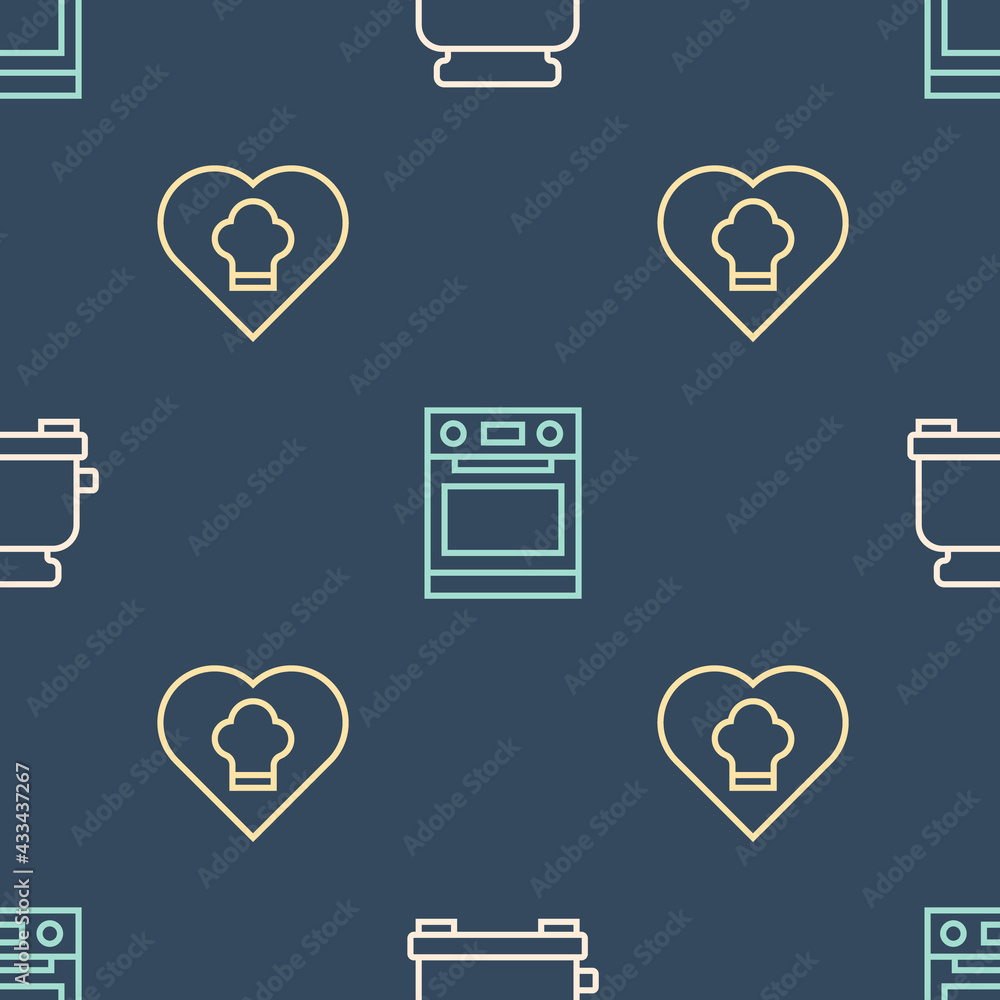 Set line Toaster, Chef hat and Oven on seamless pattern. Vector