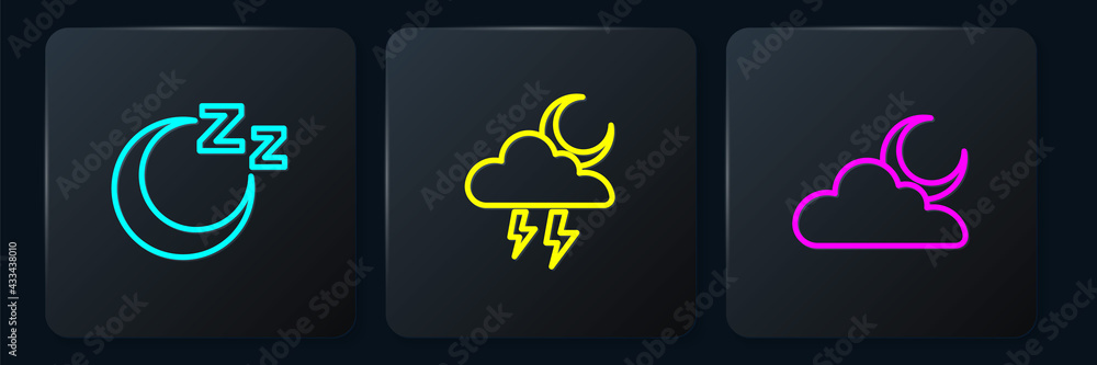 Set line Time to sleep, Cloud with moon and Storm. Black square button. Vector