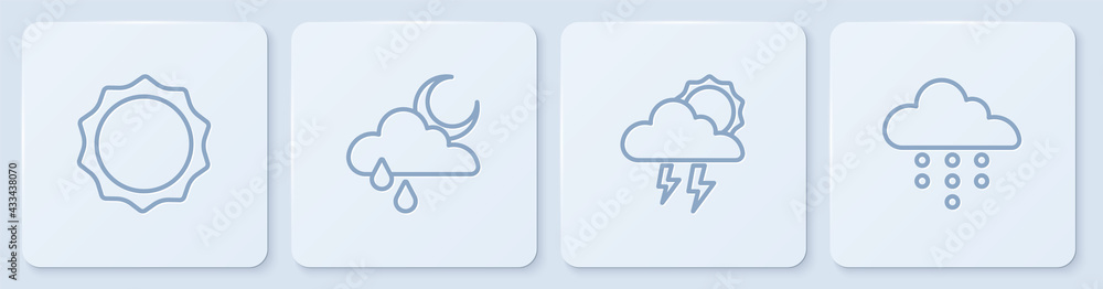 设置太阳、风暴、有雨有月的云和白色方形按钮。矢量