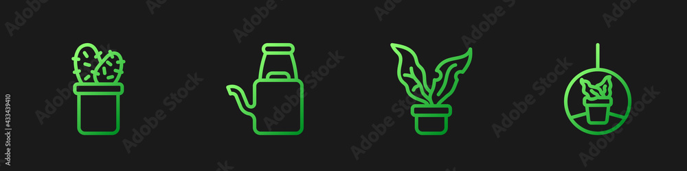 Set line Plant in pot, Cactus peyote, Watering can and hanging. Gradient color icons. Vector