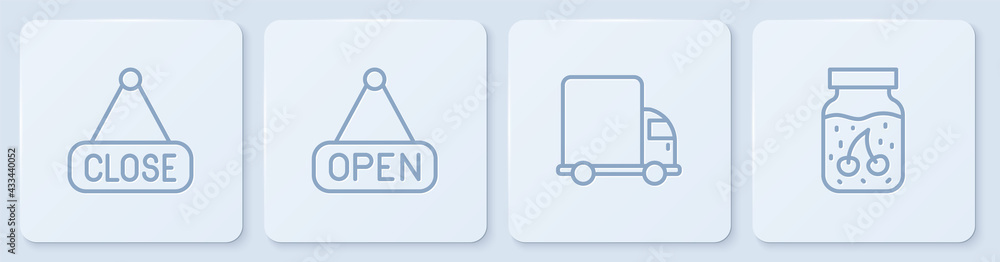 Set line Hanging sign with Closed, Delivery cargo truck, Open and Jam jar. White square button. Vect