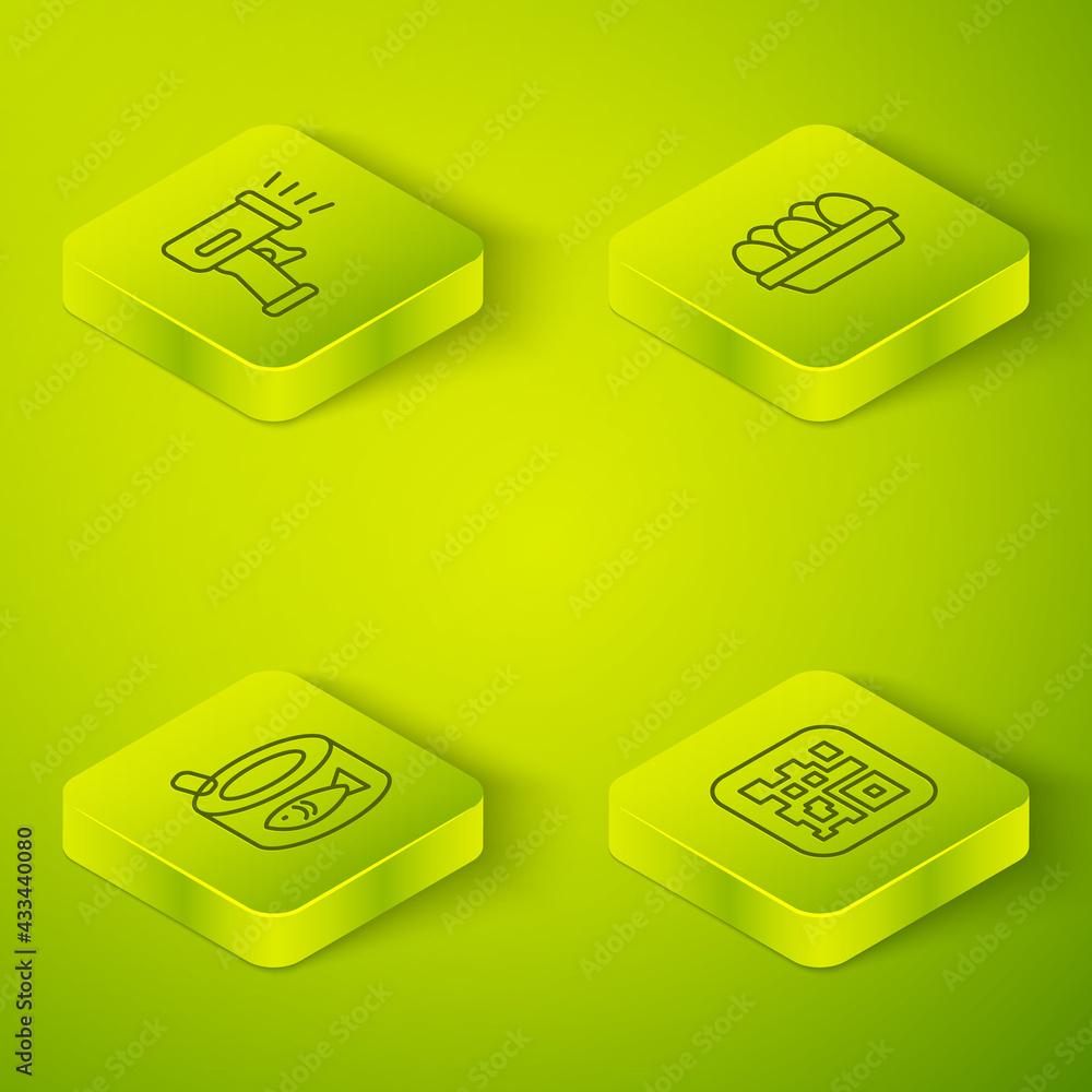 Set Isometric line Chicken egg in box, Canned fish, QR code and Scanner scanning bar icon. Vector