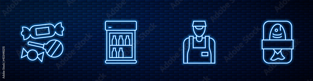 Set line Seller, Candy, Commercial refrigerator and Fish plastic tray container. Glowing neon icon o