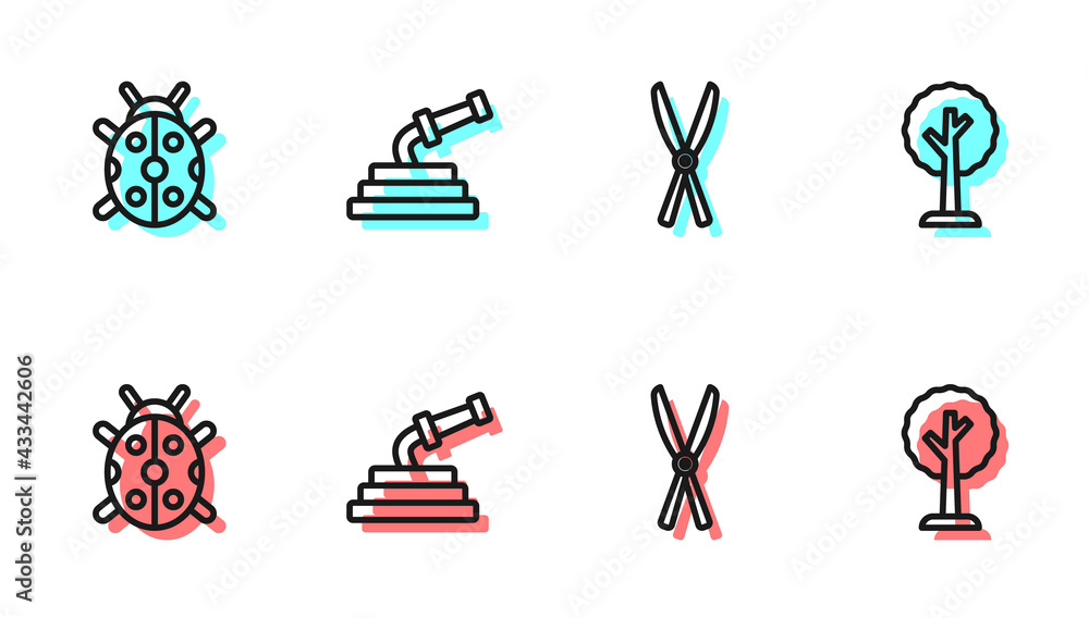 套装园艺手工剪刀、瓢虫、软管和森林图标。矢量