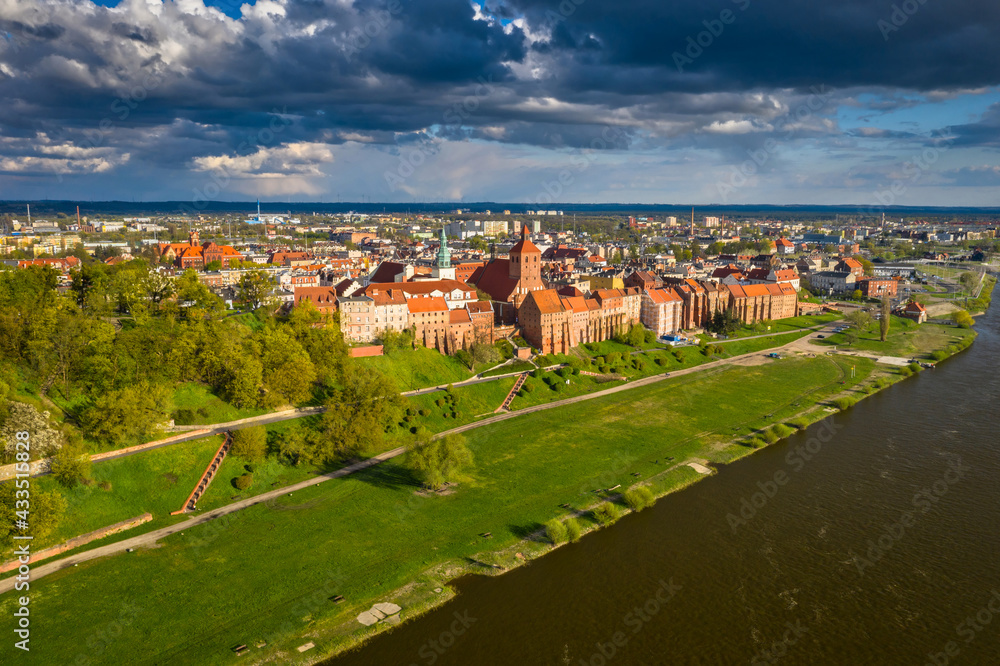 Grudziądz city over the Vistula River in the afternoon sun. Poland