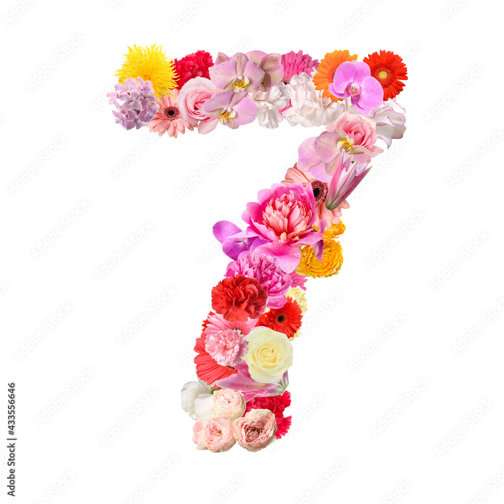 Figure 7 made of beautiful flowers on white background