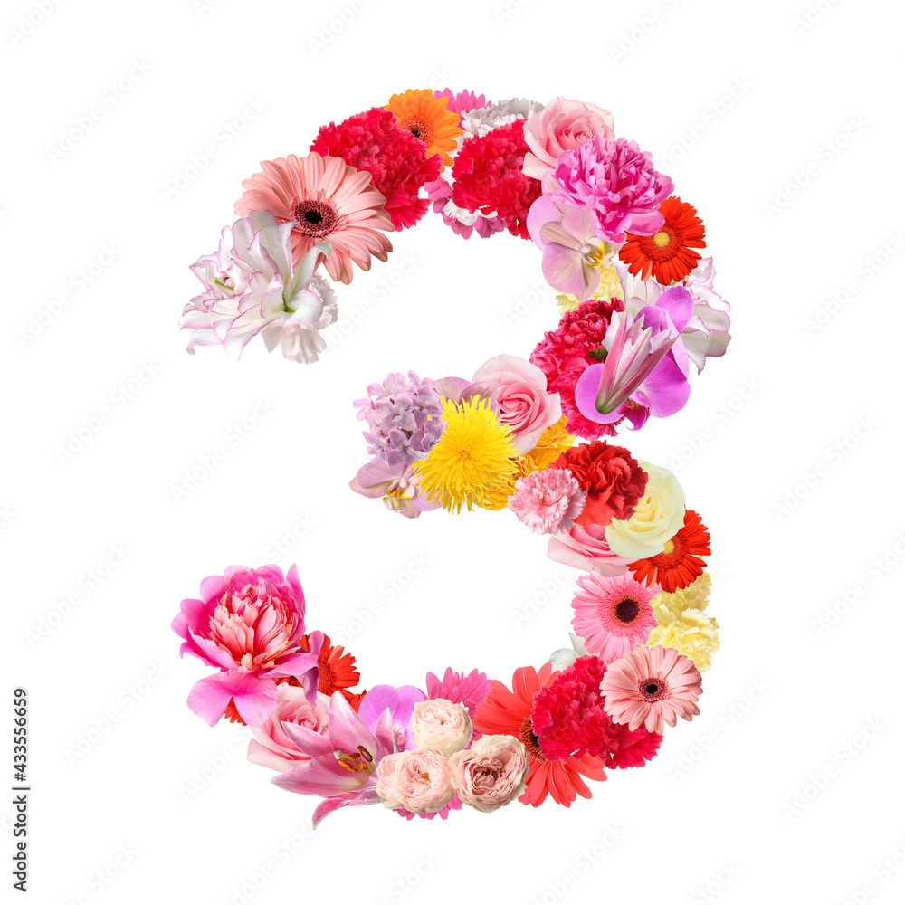 Figure 3 made of beautiful flowers on white background