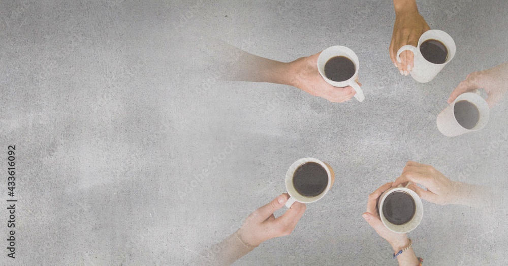 Composition of grey background over group of diverse friends holding mugs of coffee