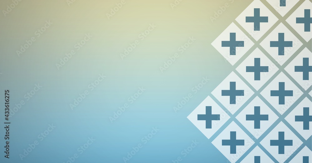 Composition of blue crosses on white diamonds with copy space over gradient blue background