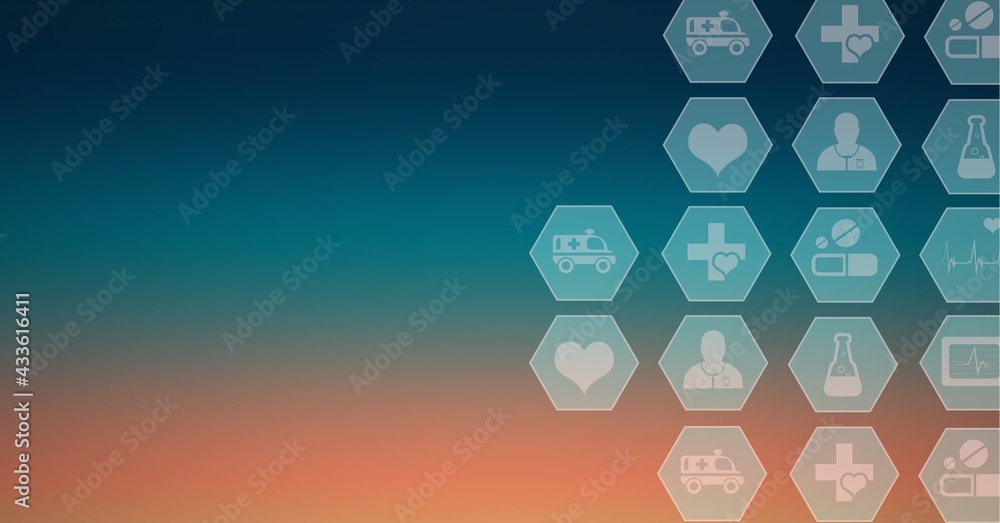 Composition of network of medical icons on hexagons over gradient blue to orange background