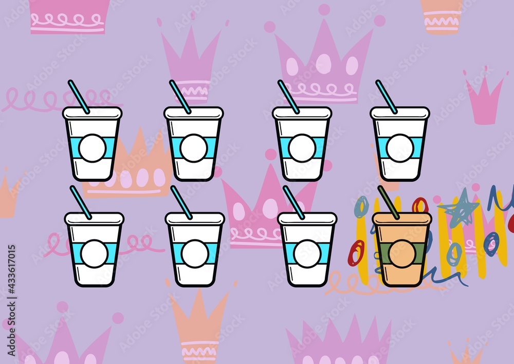 Composition of summer cocktails on crown patterned purple background