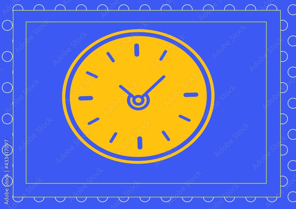 Composition of yellow clock in frame on blue background