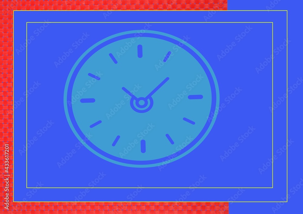 Composition of blue clock in frame on blue background