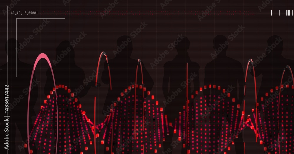 Composition of dna strand and data processing over people silhouettes on brown background