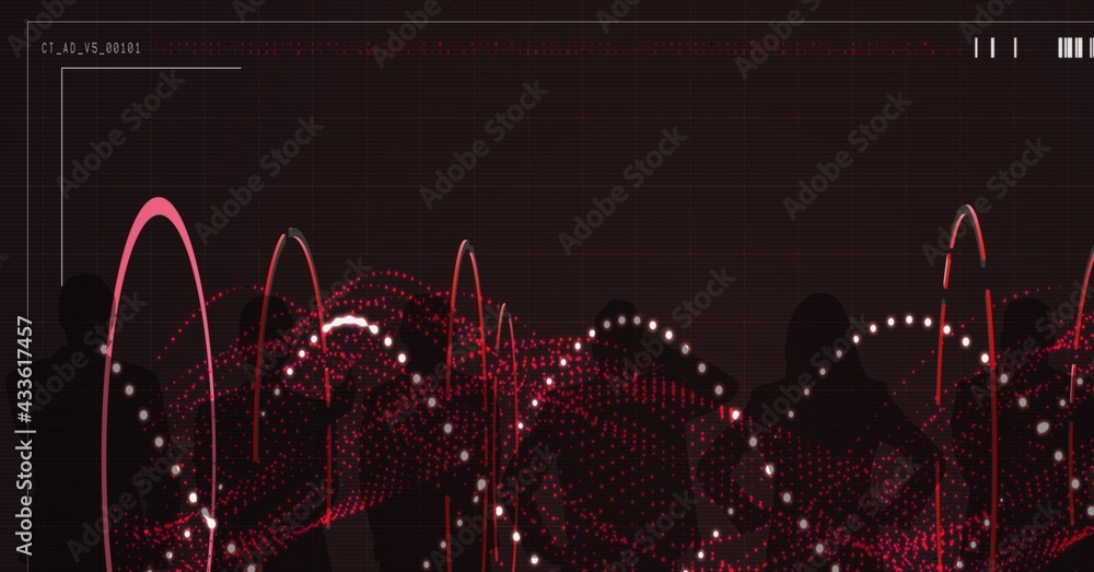 Composition of dna strand and data processing over people silhouettes on brown background