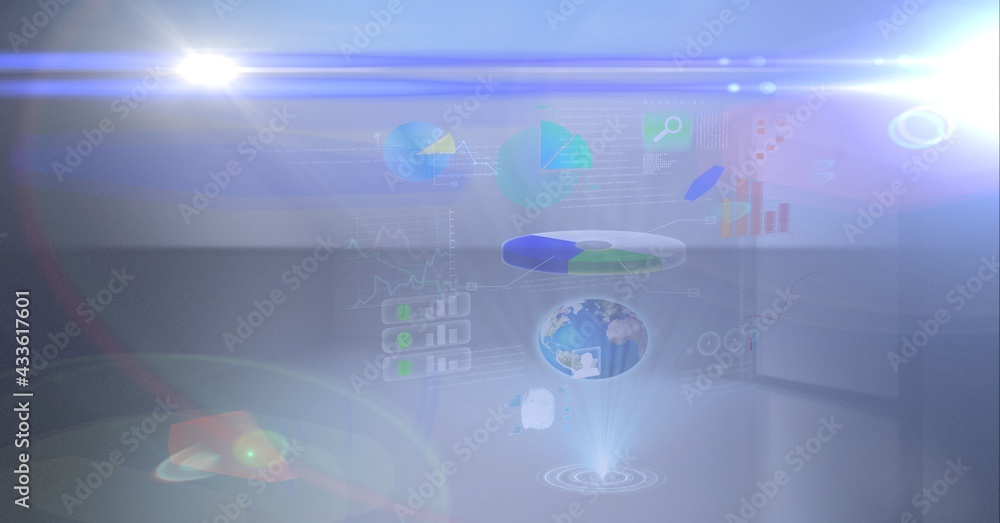 Composition of digital data processing on glowing blue background