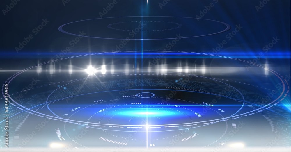 Composition of digital scope scanning on glowing blue background