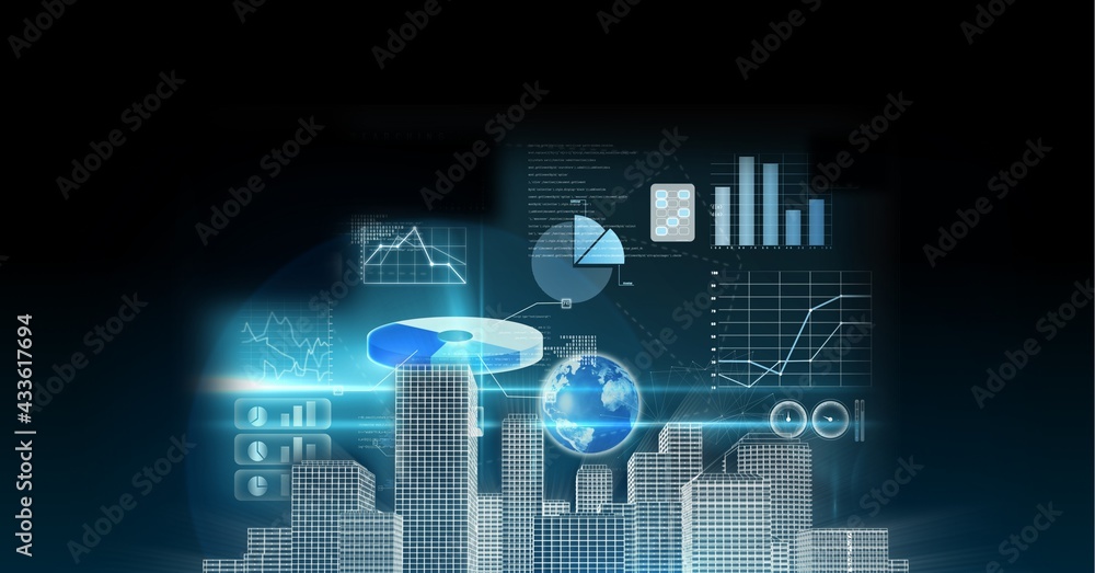 Statistical data processing over 3d city model against black background