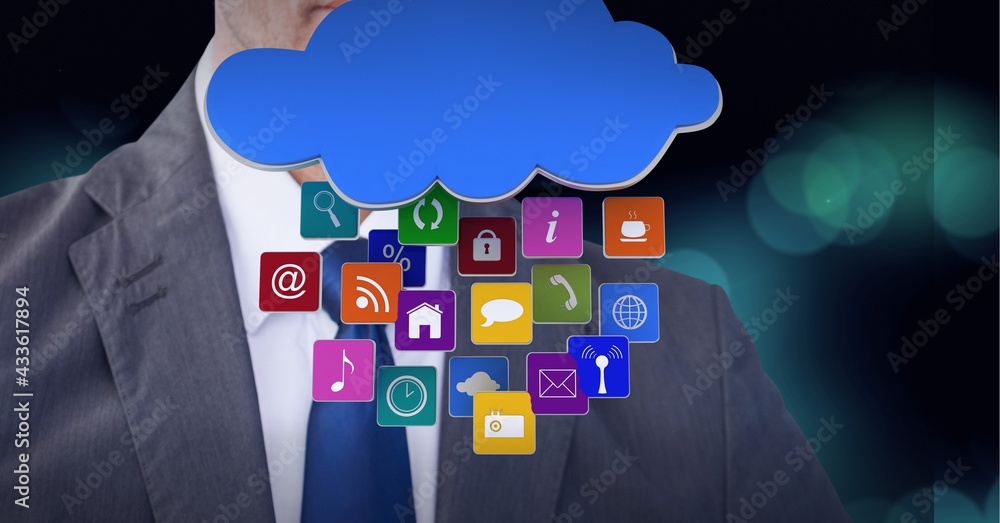 Social media and internet icons over a businessman, technology and corporate concepts