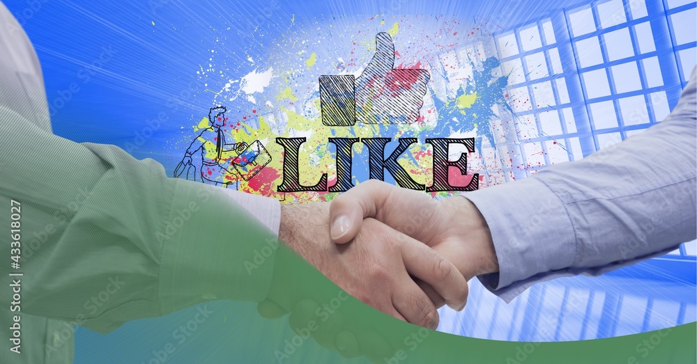 Digital wave over mid section of two businessmen shaking hands against like text and thumbs up icon