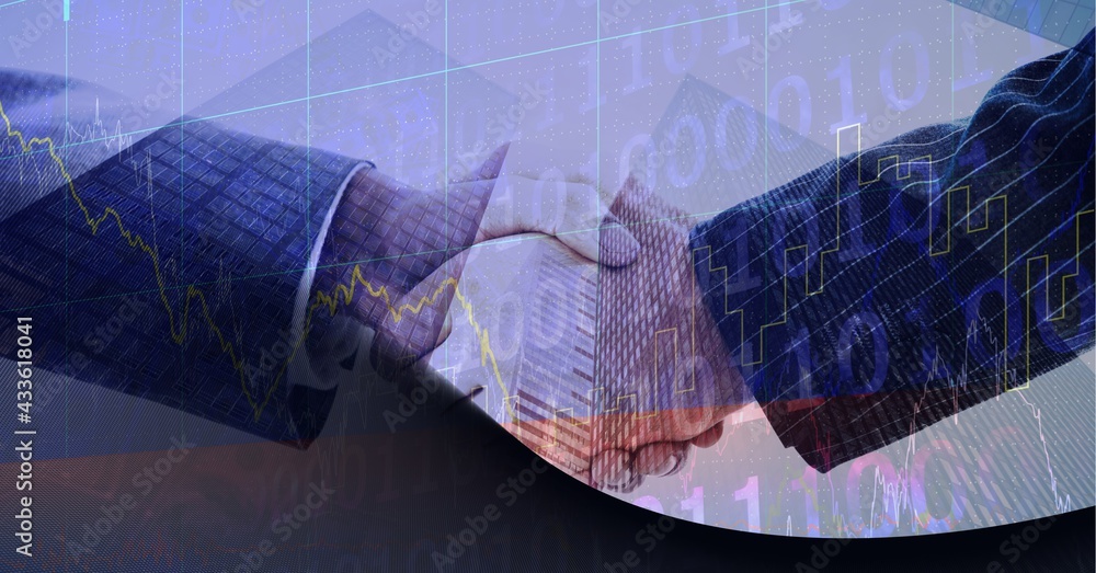 Stock market data processing against mid section of two businessmen shaking hands