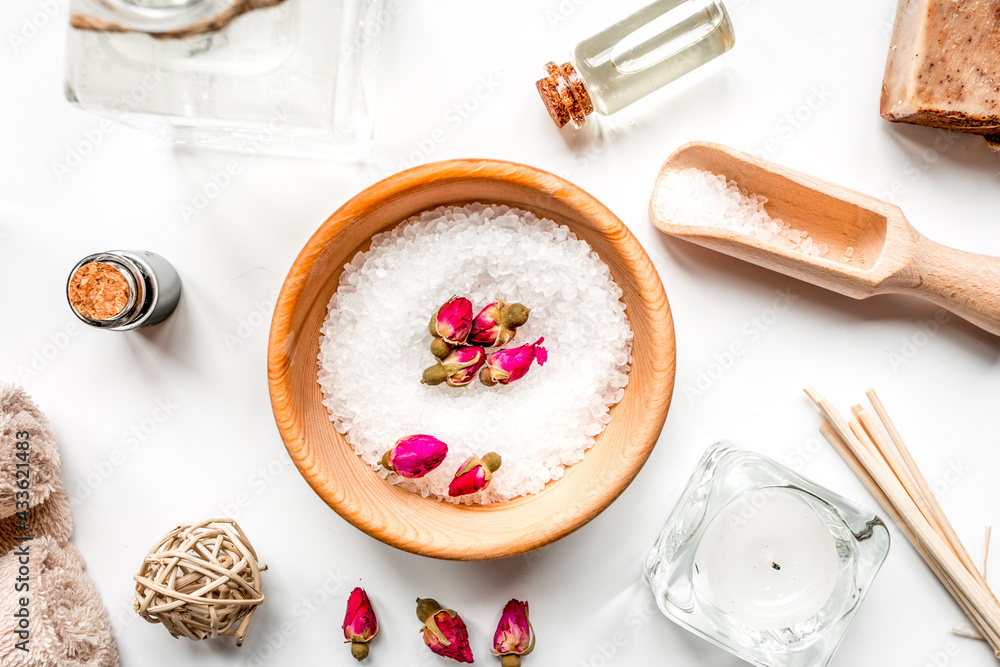 Aromatherapy SPA set with salt and natural oil white background top view