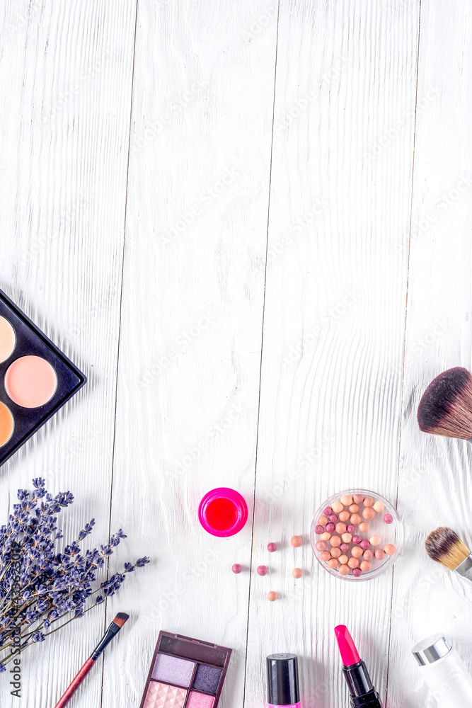 trendy woman desk with decorative cosmetic, lavender white background top view mockup