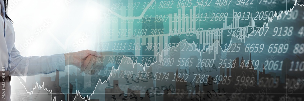 Composition of financial data processing over businessman handshake in background