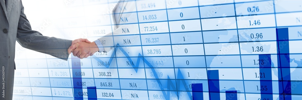 Composition of financial data processing over businessman handshake in background