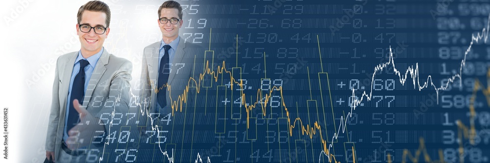 Composition of financial data processing over businessman handshake in background