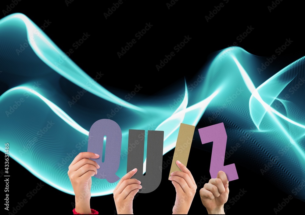 Composition of quiz in multi coloured letters held by people with blue light trails