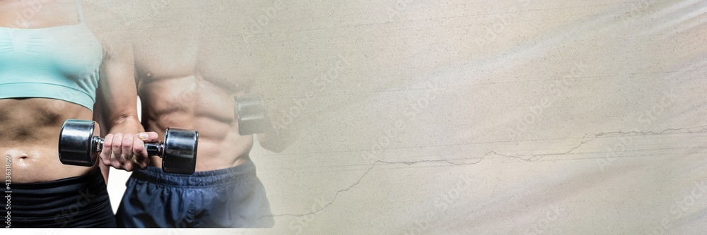 Composition of man and woman lifting dumbbells with blurred grey light