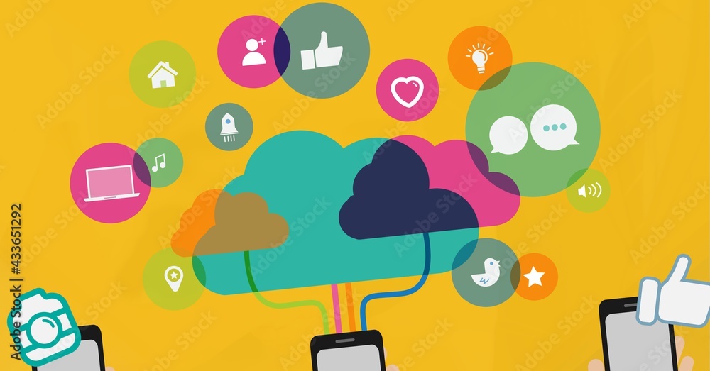 Cloud icon and multiple digital icons against yellow background