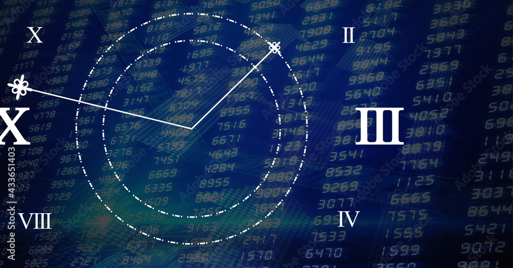 蓝色背景下的罗马时钟与股市数据处理