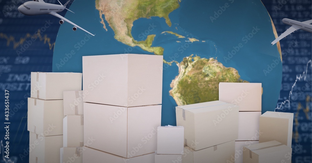 Delivery boxes and airplanes over globe against stock market data processing