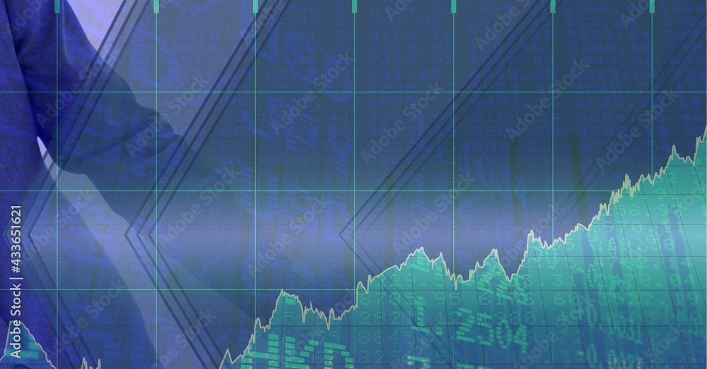 Composition of financial data processing over businessman handshake