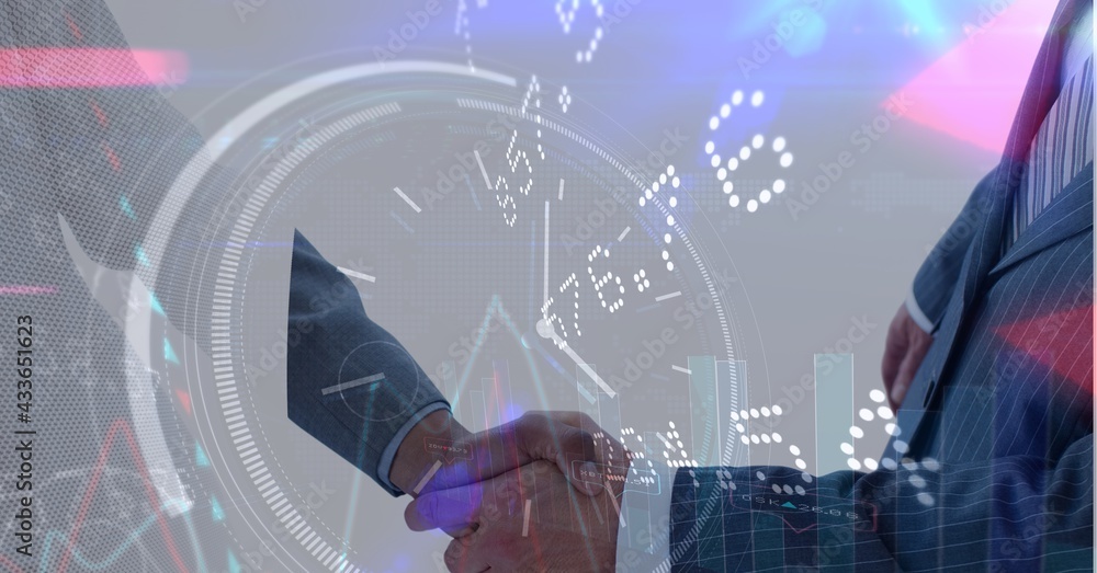 Composition of scope scanning and financial data processing over businessman handshake