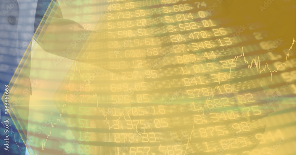 Composition of financial data processing over businessman handshake