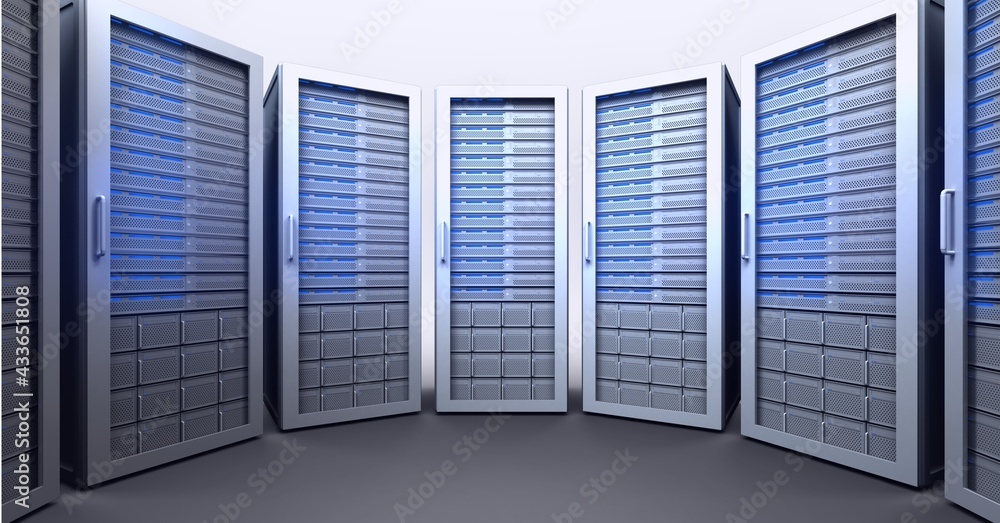 Composition of row of blue lit computer servers