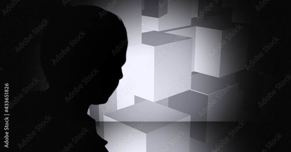 Composition of black boy silhouette over 3d blocks