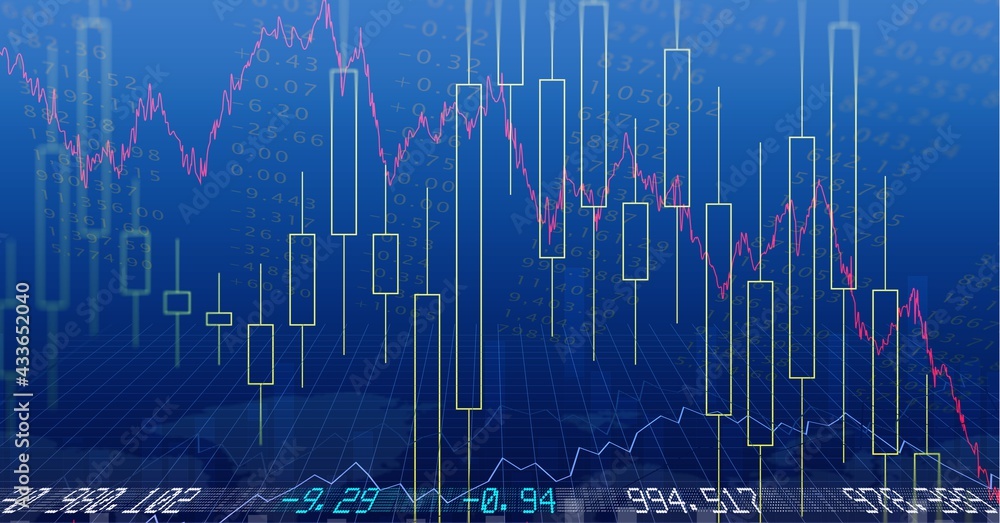 Composition of financial data processing on blue background