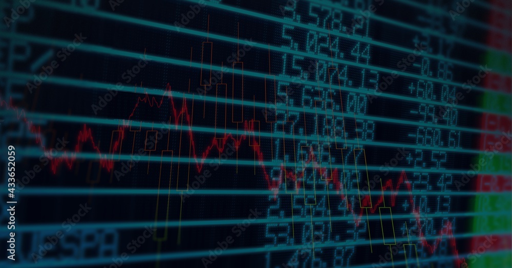 Composition of financial data processing on black background