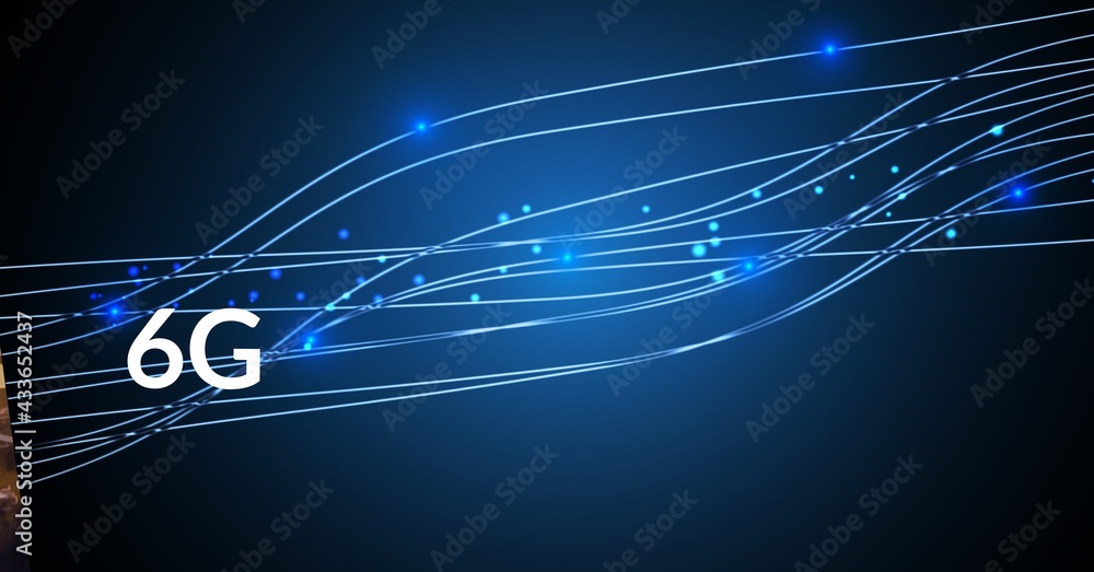 Composition of 6g text over glowing blue light trails with spots on blue background