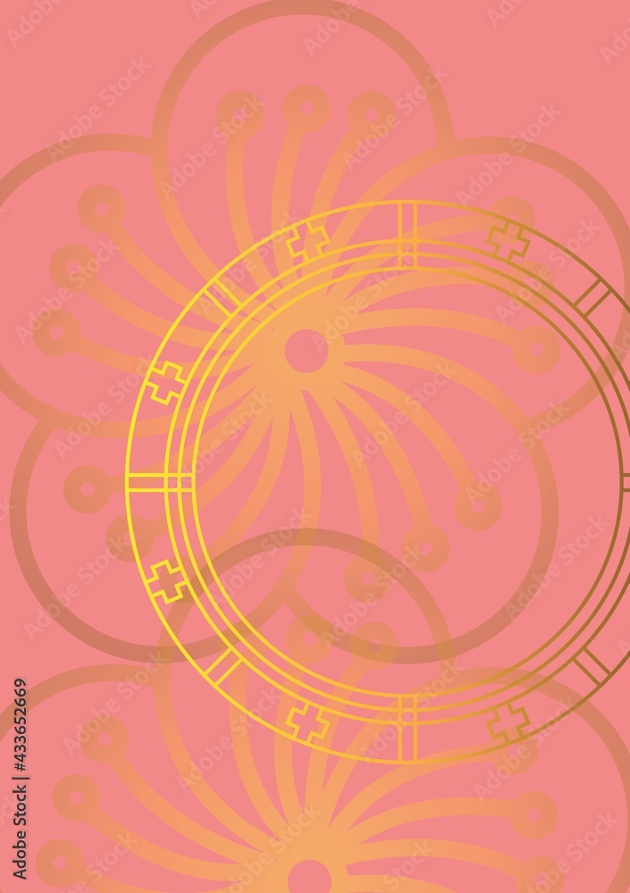 Composition of chinese zodiac circle over gold pattern on pink background