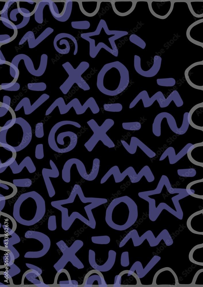 Composition of purple and grey squiggles and stars on black background