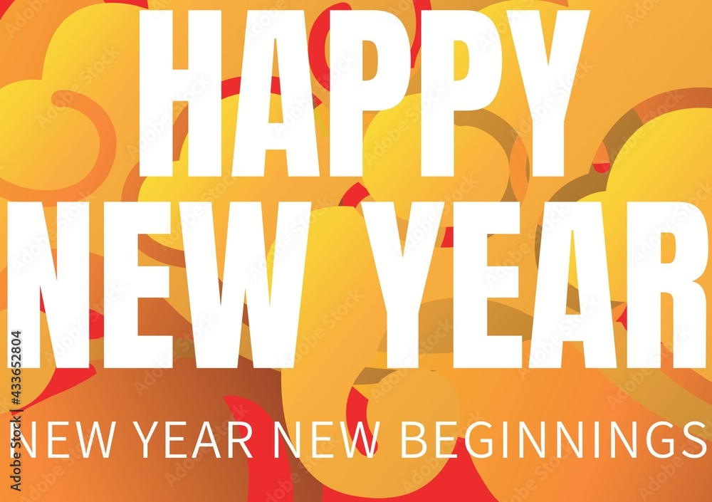 Composition of happy new year new year new beginnings text over yellow chinese pattern