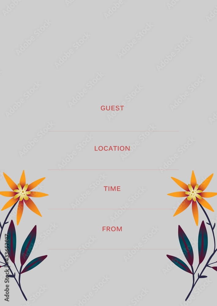 Composition of invitation card with copy space and flowers on grey background