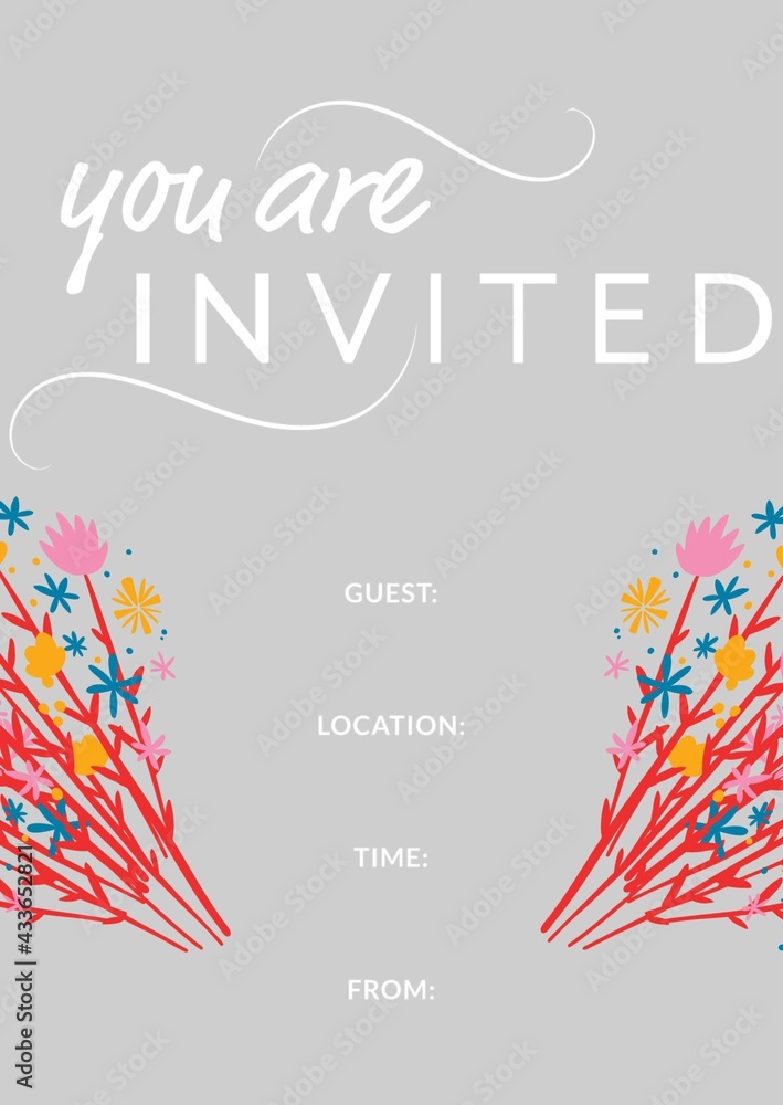 Composition of invitation card with you are invited text, copy space and flowers on grey background