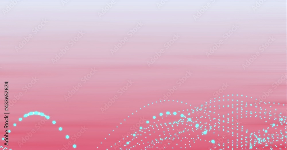 Composition of network of connections with blue dots over pink gradient background